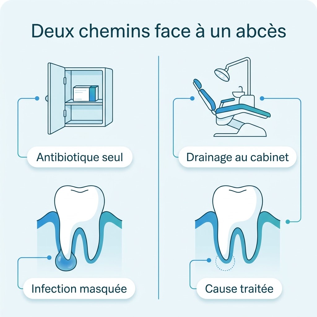 Deux chemins face à un abcès dentaire, l’antibiotique pris seul à la maison ou le drainage au cabinet dentaire