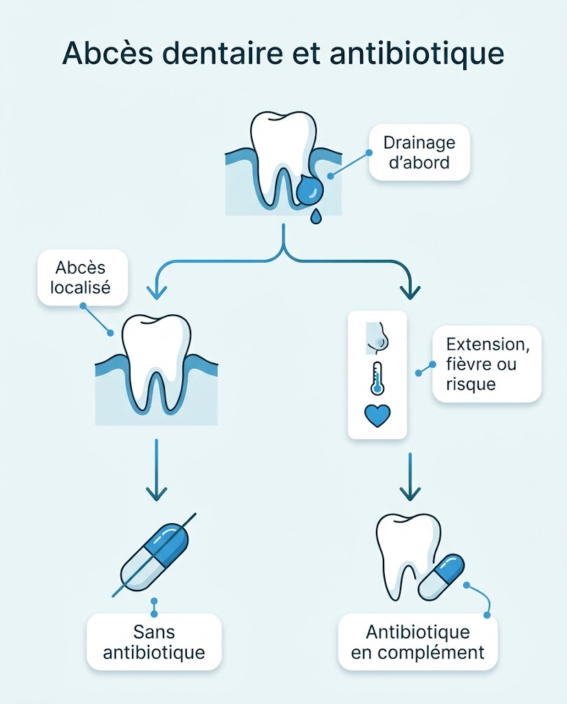 Arbre de décision face à un abcès dentaire, drainage d’abord puis antibiotique seulement en cas d’extension, de fièvre ou de risque