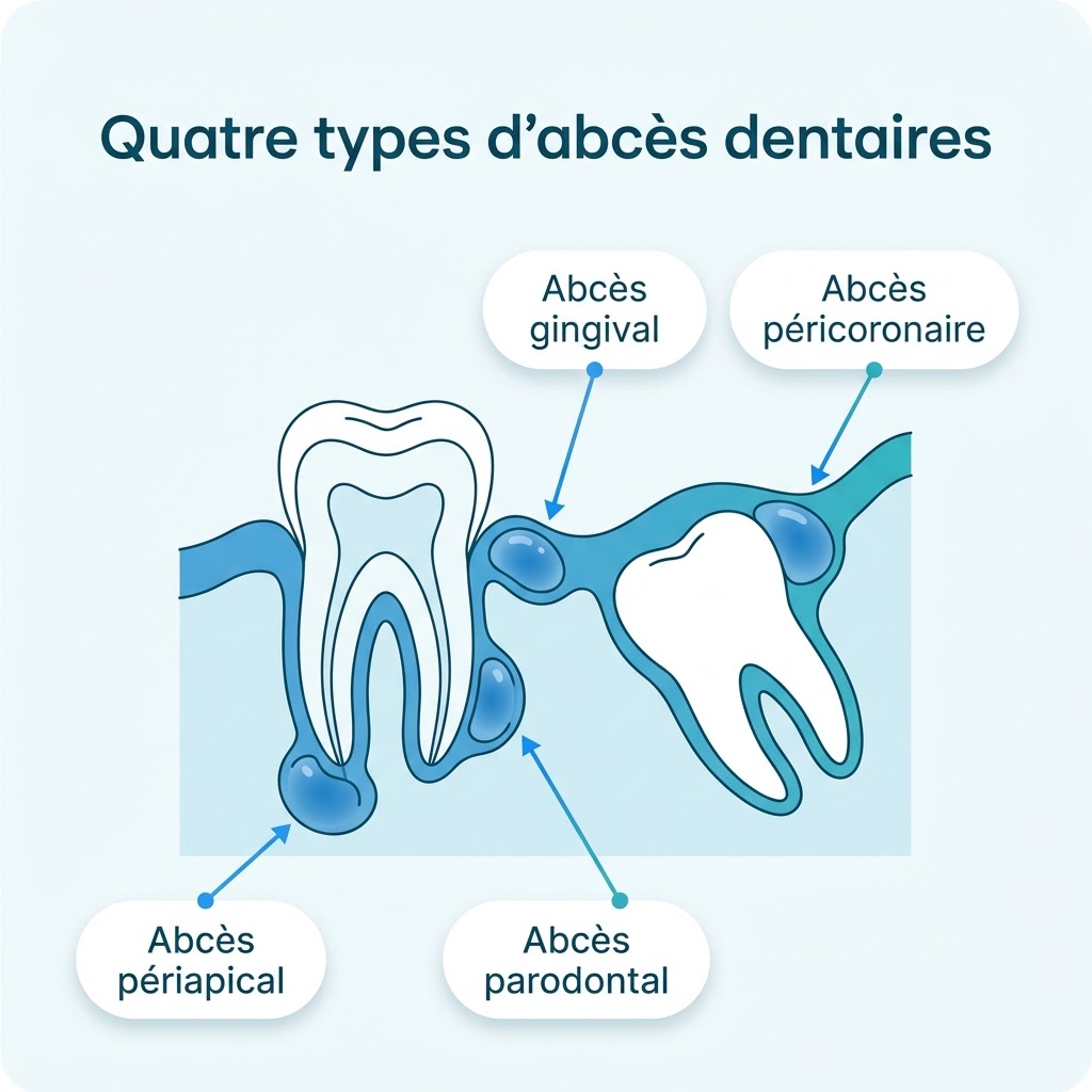 Coupe d’une dent et de sa gencive situant l’abcès périapical, parodontal, gingival et péricoronaire