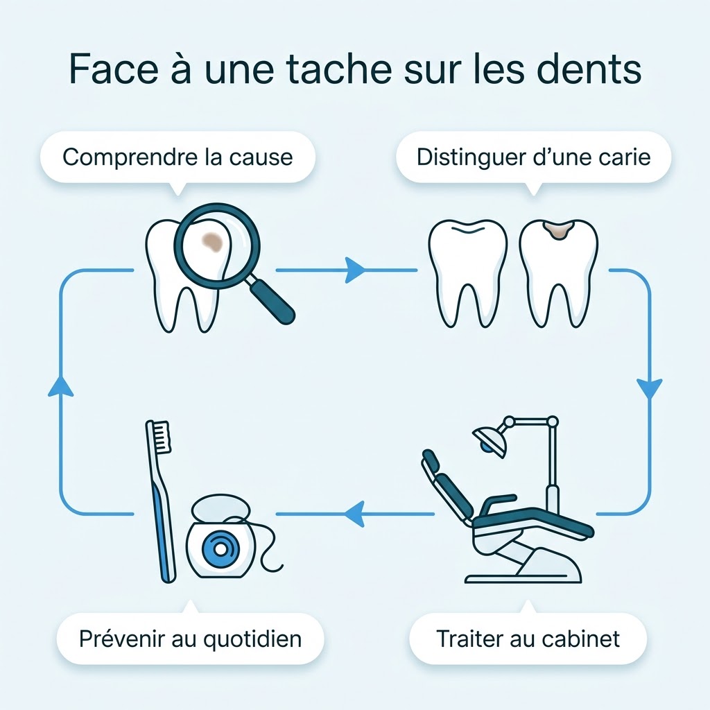 Quatre étapes face à une tache sur les dents : comprendre, distinguer, traiter en cabinet et prévenir au quotidien